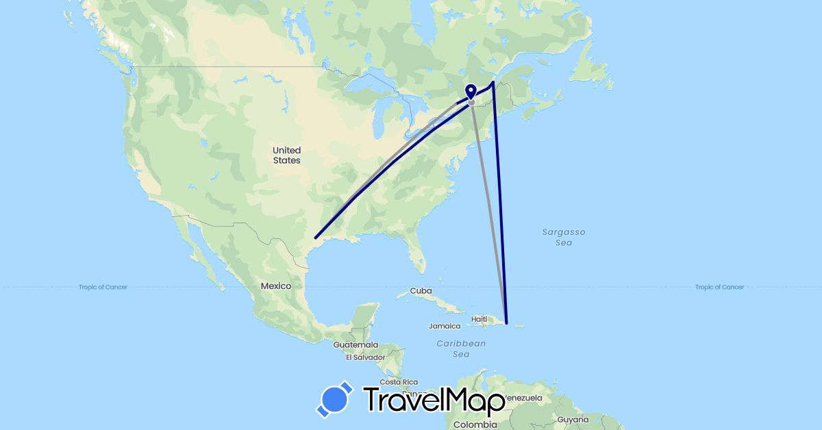 TravelMap itinerary: driving, plane in Canada, Dominican Republic, United States (North America)